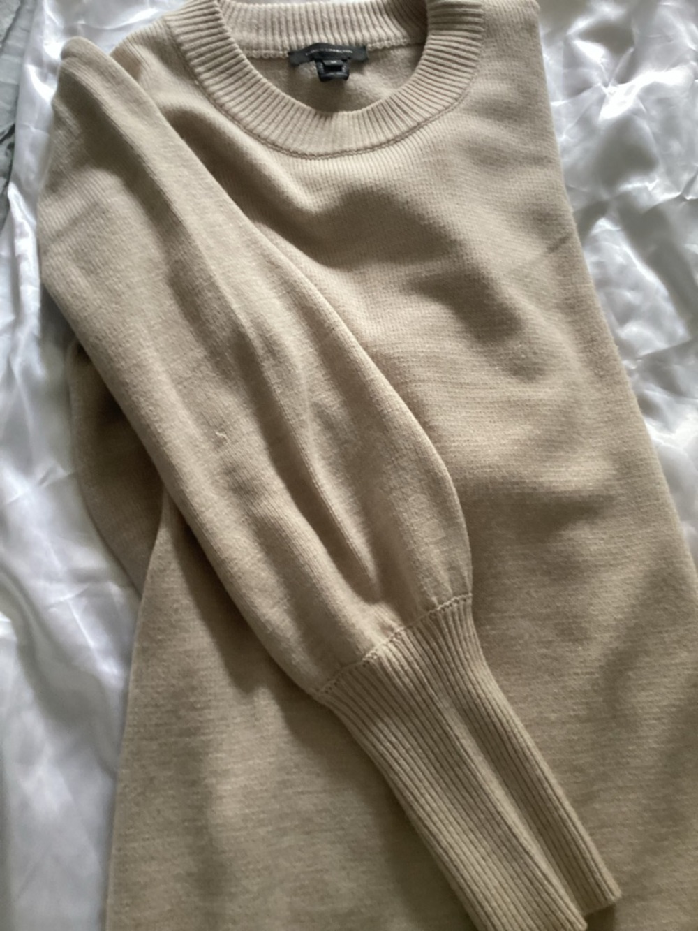 French Connection Beige/Cream Crewneck Sweater Dress with Subtle Puff Sleeves